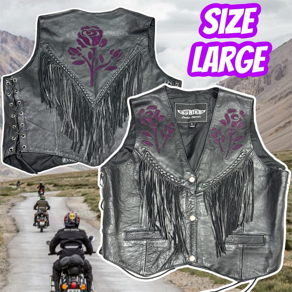 UNIK Fringe Biker Vest Purple Rose Embroidery Size Large